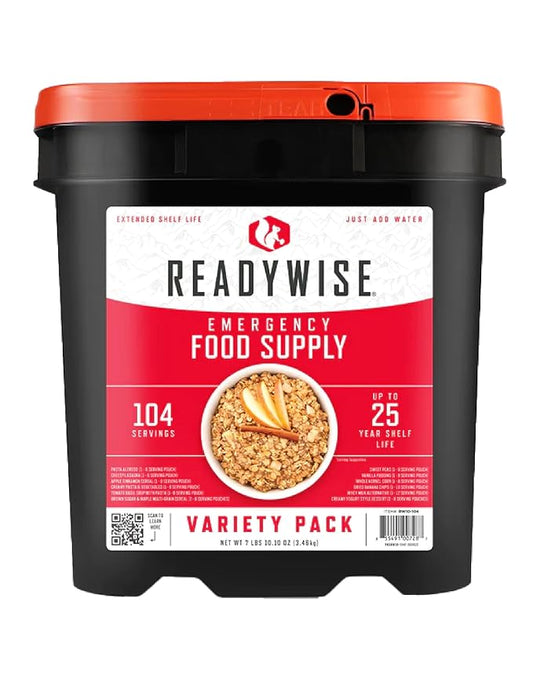 READYWISE - Variety Pack Bucket, 104 Servings, Emergency, MRE Meal & Drink Supply, Premade, Freeze Dried Survival Food, Hiking, Adventure and Camping Essentials, Individually Packaged, 25 Year Shelf Life