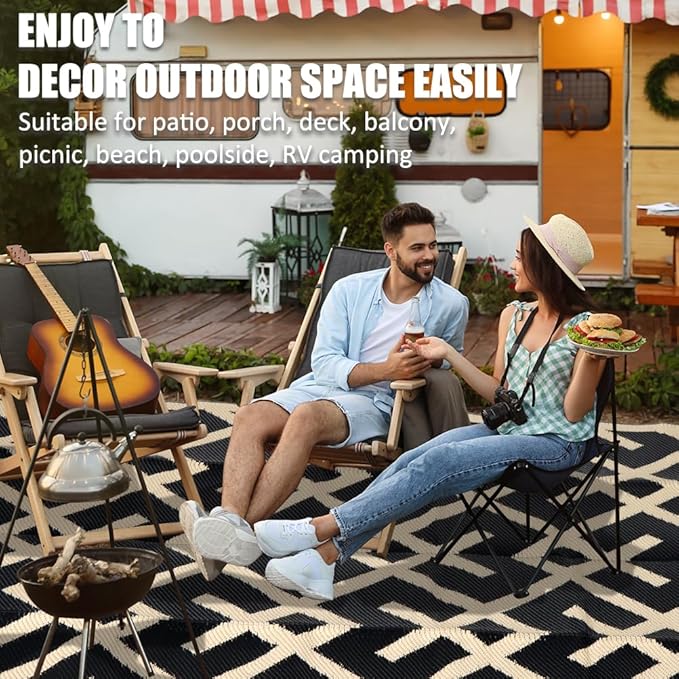 LILIOFFIC Reversible Mats - 5' x 8' Plastic Straw Rug, Outdoor Rug for Patio Clearance Decor, Modern Area Rugs, Floor Mat for Outdoors, RV, Backyard, Deck, Picnic, Beach, Camping, Black & Beige
