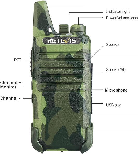 Retevis RT22 Walkie Talkies Rechargeable, Portable Two-Way Radios Long Range, Camouflage, Mini, Lightweight, VOX Hands Free, Handheld 2 Way Radios for Adults Hunting School Restaurant (10 Pack)
