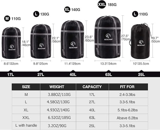 REDCAMP Sleeping Bag Stuff Sack, Black M, L, XL and XXL Compression Sack, Great for Backpacking and Camping
