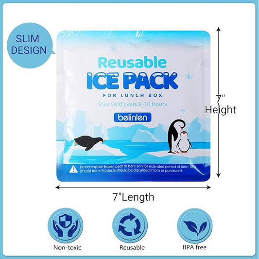 4 Pack Reusable Ice Packs for Lunch Boxes - 7x7 Inch Long-Lasting Freezer Packs, BPA-Free Gel & Leakproof Design Cold Packs for Cooler, Camping, Travel