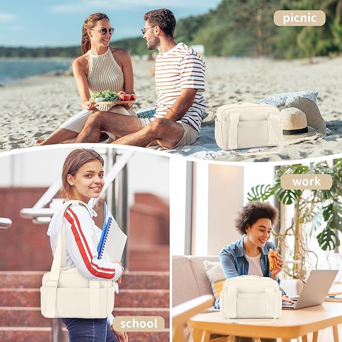 ZOMFELT Insulated Lunch Bag Women, Cute Lunch Tote Bag Lunch Box for Women, Leakproof Large Capacity Womens Lunch Bags with Adjustable Shoulder Strap for Work Office Outdoor Picnic Camping, Beige