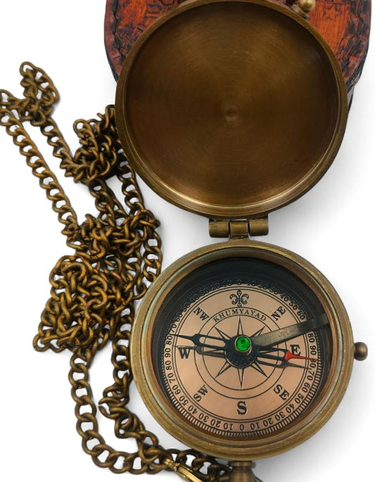Brass Pocket Compass Hand Made Fully Functional Compass Antique Nautical Replica Item with Leather Case.