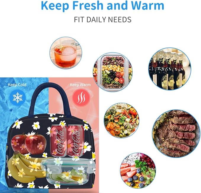 Lunch Bag Lunch Box for Women Men Reusable Insulated Cooler Lunch Tote Bags, Leakproof Cute LunchBag Large Capacity for Work Travel Picnic, Daisy