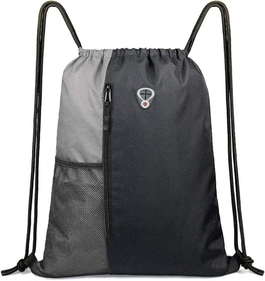 Drawstring Backpack Sports Gym Bag for Women Men Large Size With Two Zipper Pockets and Water Bottle Mesh Pockets