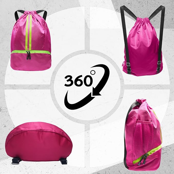 Sports Drawstring Backpack, Gym Bag for Men Women with Shoe Compartment, Waterproof Pocket, Drawstring Swim Bag (Rose Red)