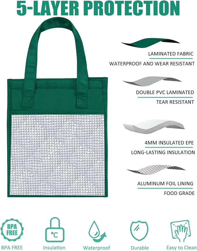 Fmeida Insulated Lunch Bag Women, 6.75L Small Lunch Bags with Multiple Pockets, Reusable Thermal Cooler Tote for Work, Office, Picnic, Travel | Hook and Loop Closure, Dark Green