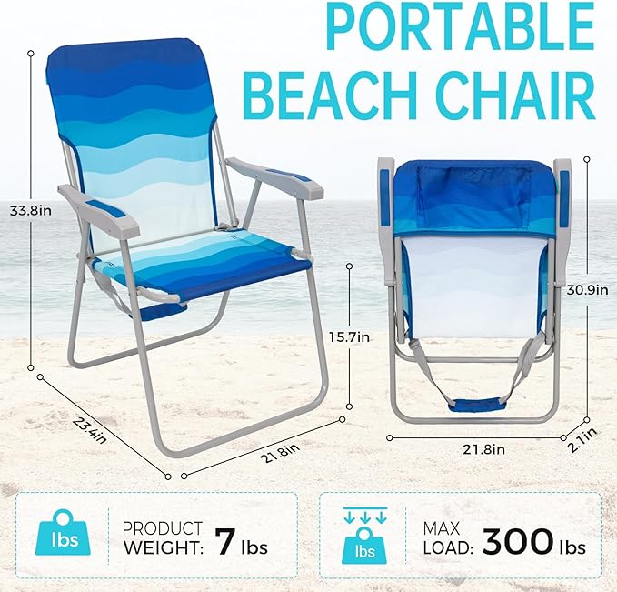 #WEJOY Folding Beach Chair for Adults, Lightweight Beach Chair with Shoulder Straps, High Back Beach Chairs with Hard Armrest, Supports 300lbs for Beach Lawn Concert