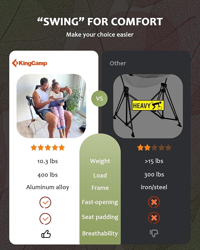 KingCamp Hammock Camping Chair, Swinging Portable Folding Camp Chairs for Adults 400lbs Heavy Duty Foldable Oversized Rocker with Aluminum Alloy Frame Cup Holder Pillow for Outdoor Beach Patio Sport