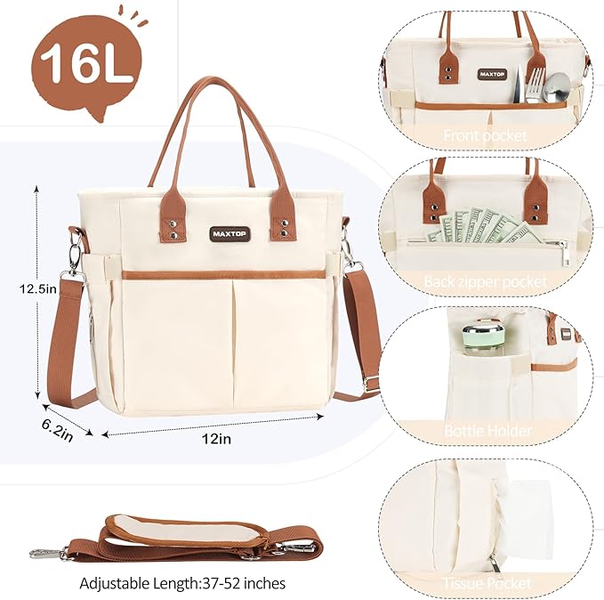 MAXTOP Lunch Bag Women for Work Insulated Thermal Lunch Box with Wide-Open Pocket Reusable Leakproof Cooler Bags with Removable Shoulder Strap for Teacher Nurse Office Picnic Travel Brown