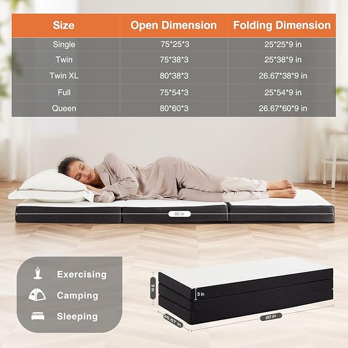 Sweetcrispy Tri-fold Memory Foam Mattress - 3 Inch Queen Size Portable Bed Pad, Foldable Floor Mat, Collapsible and Washable Cover with CertiPUR-US Certified, for Travel & Camping & Yoga