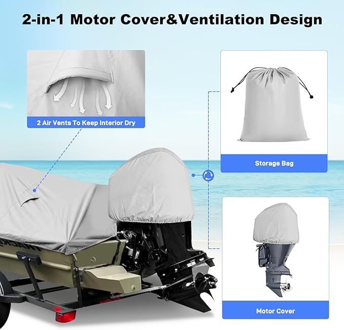 Boat Cover 14-15.8ft, Bass Tracker Boat Cover with Sand Bag Mooring Kit, 1200D Marine Canvas Waterproof Heavy Duty Boat Covers for 14 feet 15ft 16' V Hull Bass & Runabout Boat,Gray