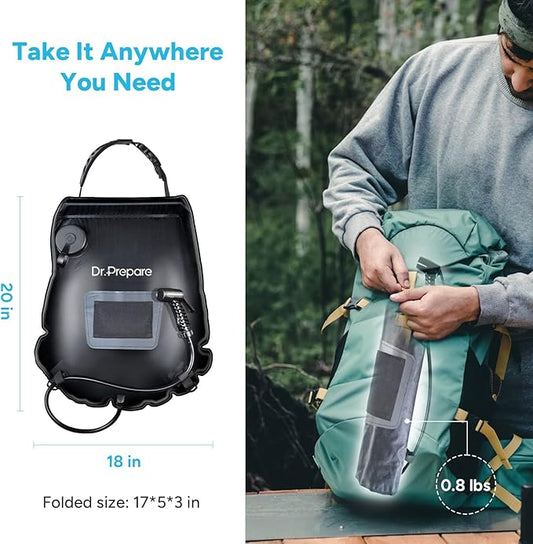 DR.PREPARE Camping Shower Bag, 15L Solar Camp Showers for Travelling Hiking Trip Beach w/On-Off Switchable Shower Head