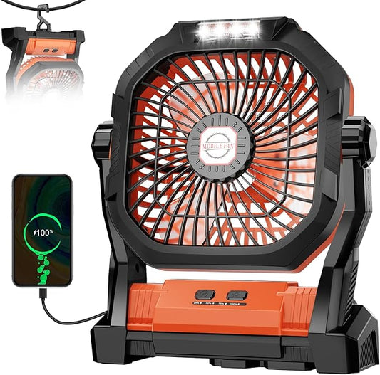 Camping Fan Rechargeable, 20000mAh Battery Powered Portable Fan with LED Light, 4-Speed 180° Adjustable, Camping Essentials for Tent, Travel, Car, Outdoor, Indoor, BBQ, Fishing, Jobsite - Orange