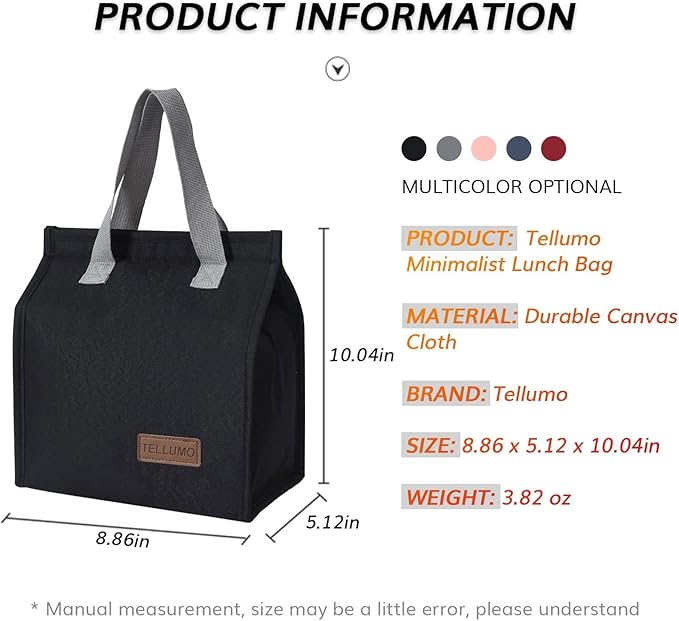 TELLUMO Lunch bag, Insulated Lunch Bag for Women Men Large Lunch Box Container Reusable Leakproof Tote for Office, Work, School, Beach or Travel (Black)