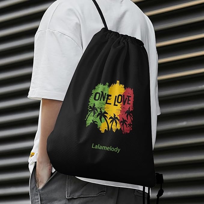 One Love Reggae Rasta Black Drawstring Backpack Waterproof Sackpack Camping Shopping Bag for Women Men