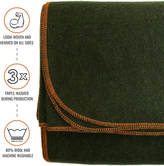 Arcturus Military Wool Blanket - Warm, Thick, Washable - Great for Outdoors, Camping, Stadium Blanket, Picnics, Travel - Car & Bushcraft Survival Kits, Large 64in x 88in 4.5 lb