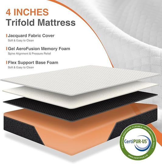 Sweetcrispy Folding Mattress, 4 inch Tri-fold Memory Foam Mattress Topper for Camping, Foldable Mattress Topper with Washable Cover, Guest - Twin Size, White