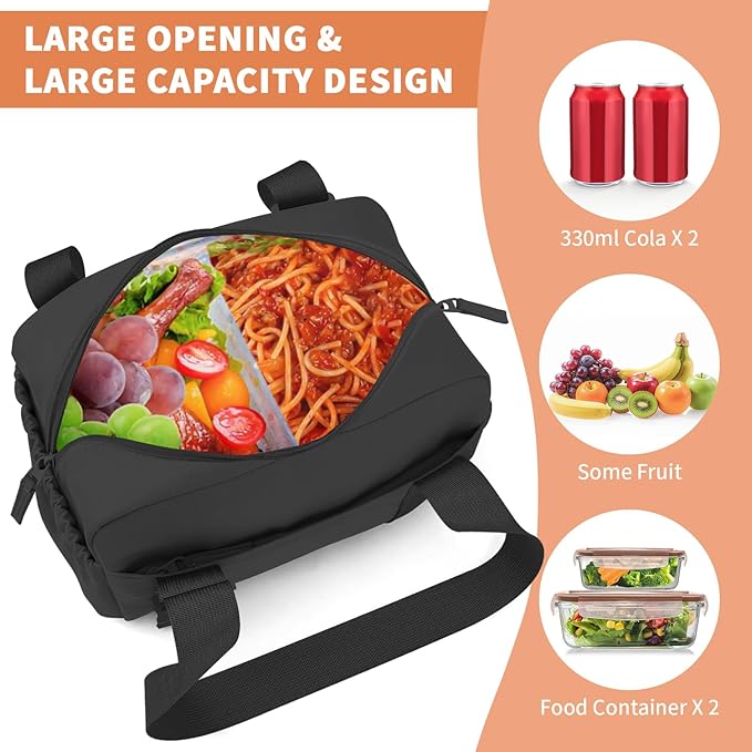 ZOMFELT Insulated Lunch Bag Women Men, Cute Lunch Box for Women Men, Leakproof Large Capacity Lunch Tote Bags with Adjustable Shoulder Strap for Work Office Outdoor Picnic Camping, Black