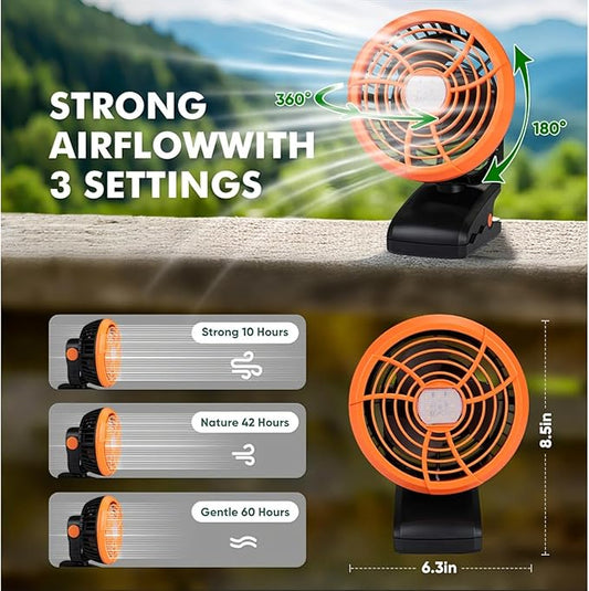 Durapower Clip-on Camping Fan with LED Lantern, Magnetic Base & Hanging Hook – Ideal for Travel, Tent, RV, Picnic, Treadmill, Stroller, Golf Cart & Home
