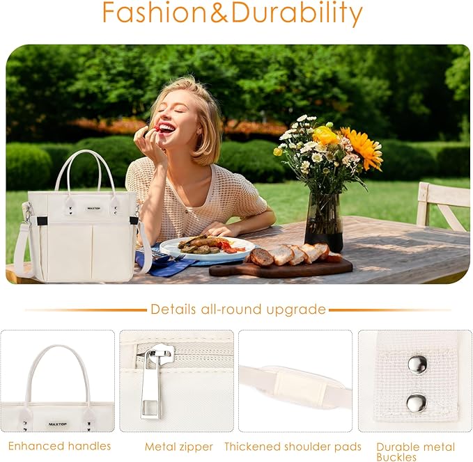 MAXTOP Lunch Bag Women for Work Insulated Thermal Lunch Box with Wide-Open Pocket Reusable Leakproof Cooler Bags with Removable Shoulder Strap for Teacher Nurse Office Picnic Travel Beige