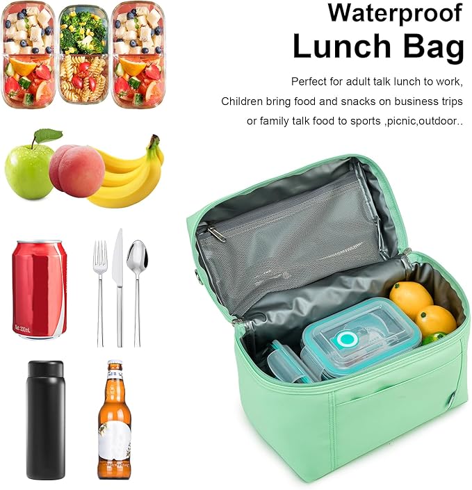 NOL Natural Organic Lifestyle Insulated Lunch Bags for Women Cooler Bag Lightweight Nylon Waterproof Lunch Box For Work (Medium(normal), Mint green)