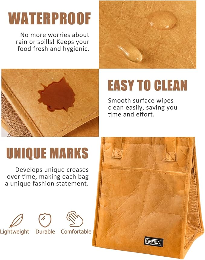 Fmeida Insulated Lunch Bag Women - Reusable Paper Lunch Bag Adult - Small Lunch Tote Bag Aesthetic - Portable with Front, Side, Interior Pockets - Great for Office College Beach Picnic Hiking