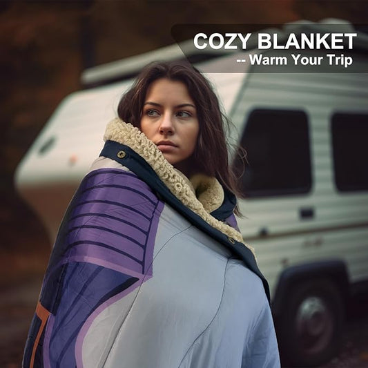Outdoor Camping Blanket with Sherpa Lining, Extra Warm Thick Camp Blankets & Puffy Ultralight Soft Poncho DWR Camping Quilt for Cold Weather, Adventure,Sleeping,Backpacking 78"x 56"