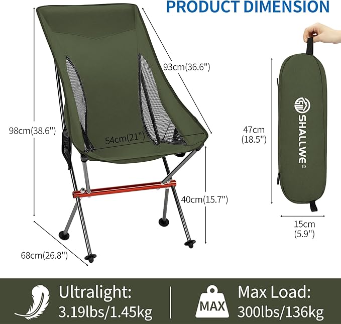 Camping Chairs, All Aluminum Frame Portable Folding Camp Chair for Adults, Heavy Duty High Back Collapsible with Built-in Pillow, Side Pocket, Carry Bag for Backpacking, Hiking, Beach