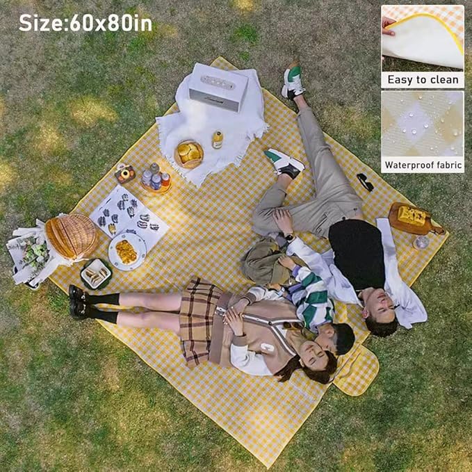 RUIBOLU Beach Blanket Large Picnic Blankets, Sandproof Beach Mat for 2-4 Adults Waterproof Quick Drying Outdoor Picnic Mat for Travel Camping Hiking Festival Park Lawn (Yellow Plaids)