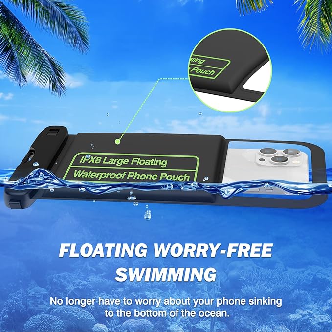 MoKo Floating Waterproof Phone Pouch - 9.5" Large Clear Phone Water Protector Pouch Dry Bag Case with Lanyard, Compatible for iPhone 14 13 12 Pro Max, Galaxy S23 S22 Ultra, 2 Pack Black+Black