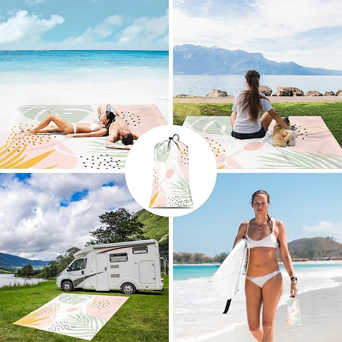 Beach Blanket Waterproof Sandproof, 9 Ft X 10 Ft Extra Large Sand Free Beach Mat, Big Compact Lightweight Quick Drying Camping Blanket with 4 Stakes & 4 Pockets for Picnic, Travel, Hiking