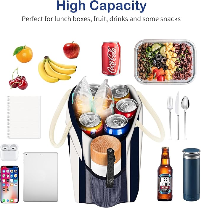 Lunch Bag Lunch Box for Women Men Reusable Insulated Lunch Tote Bag, Food Handbags Case High Capacity for Travel Work Picnic,Vertical Stripe