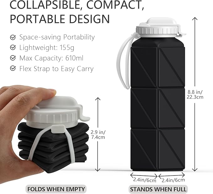 Collapsible Water Bottles 20.6oz, Silicone Foldable Portable Travel Water Bottle, Folding Lightweight Reusable Leakproof for Traveling Camping Hiking Cycling Yoga Sports Outdoor