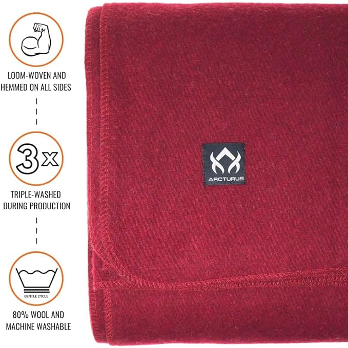 Arcturus Military Wool Blanket - Warm, Thick, Washable - Great for Outdoors, Camping, Stadium Blanket, Picnics, Travel - Car & Bushcraft Survival Kits, Large 64in x 88in 4.5 lb