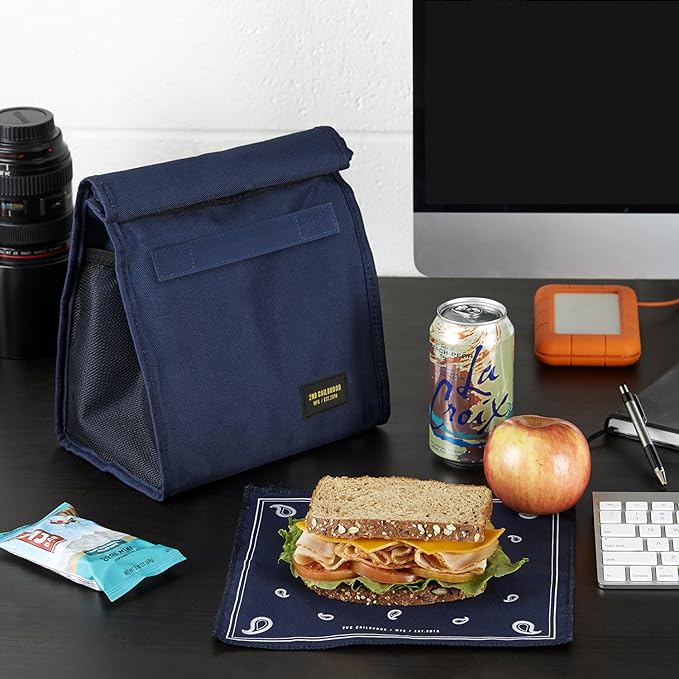 Insulated Lunch Bag for Men and Women; Rolltop Lunch Box with 2 Side Mesh Pockets and 1 Exteral Slip Pocket (Blue)