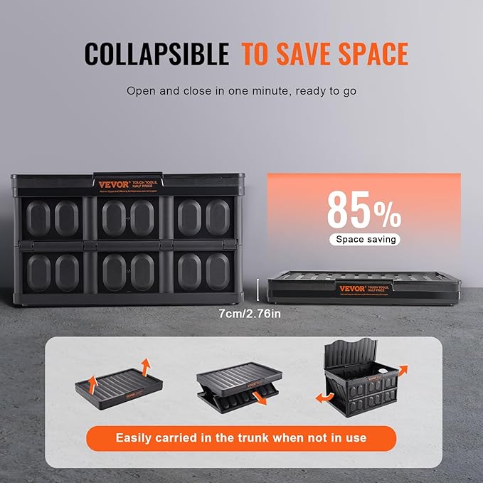 VEVOR 45L Collapsible Storage Bins with Lids 3 Packs, Stackable Utility Crates with Handles, Large Folding Containers for Organizing Tools, Snacks, Books, Food, Drinks, Camping & Transport