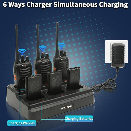 Walkie Talkies Rechargeable Two-Way Radios: MaxTalker Walkie Talkie Earpiece with Mic, Portable UHF Radio with 6 Way Multi Unit Charger, 6 Pack Long Range Walkie Talkies for Adults Team Management