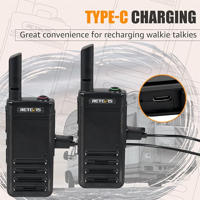 Retevis RB39P Bluetooth Walkie Talkies, Wireless Two Way Radios with Earpiece, FRS, Ultra-Slim, Mini Size, Type-C, VOX, for Camping, Hiking, Biking(2 Pack)