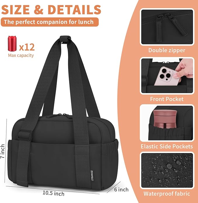 ZOMFELT Insulated Lunch Bag Women Men, Cute Lunch Box for Women Men, Leakproof Large Capacity Lunch Tote Bags with Adjustable Shoulder Strap for Work Office Outdoor Picnic Camping, Black