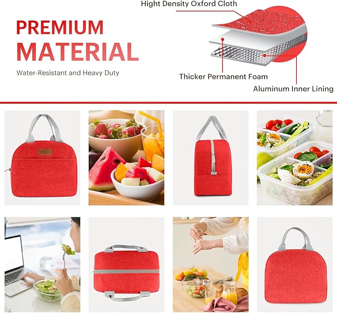 Lunch Bag for Women & Men Adult Insulated Lunch Box, Small Leakproof Cooler Food Lunch Containers Reusable High Capacity Lunch Tote Bags for Work, Travel, Outdoor (Red)