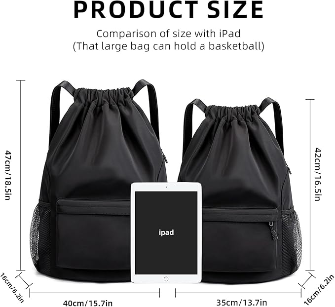 Sports Drawstring Backpack String Swimming Gym Bag Backpack with Shoes Compartment and Pocket for Men Women (Black-Small)