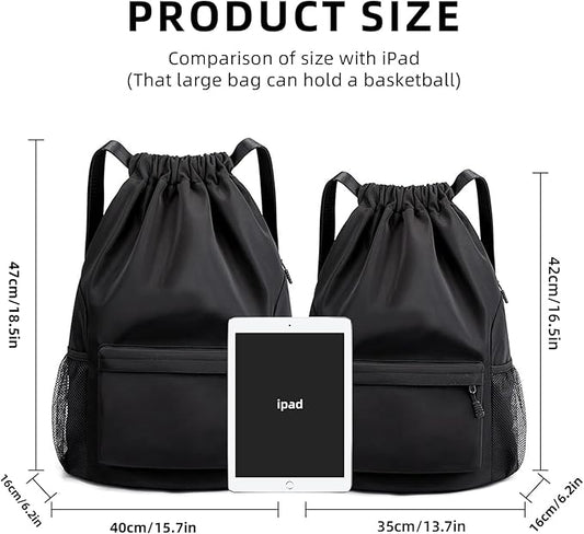 Sports Drawstring Backpack String Swimming Gym Bag Backpack with Shoes Compartment and Pocket for Men Women (Black-Small)
