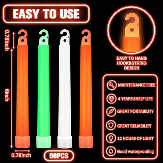 Sotiff 96 Pcs 6 Inch Large Bright Glow Sticks Light Sticks Halloween Favors Emergency Chem Sticks Cheer Stick for Party Activities Birthday Wedding Concerts Halloween Decor