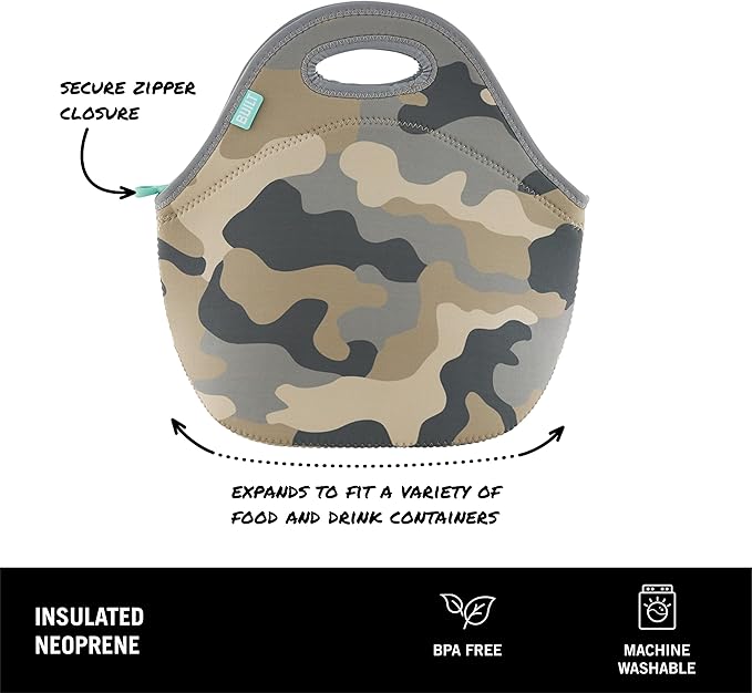 BUILT Gourmet Getaway Soft Neoprene Lunch Tote Bag Lightweight, Insulated and Reusable, One Size, Concrete Grey Camo