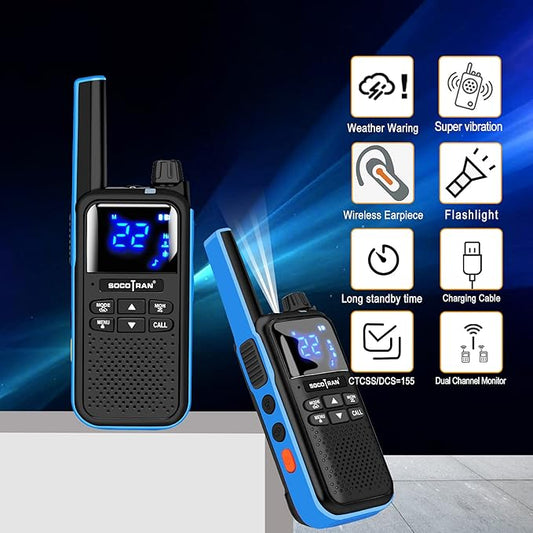 Rechargeable Walkie Talkies for Adults,Two Way Radios with Bluetooth Earpieces and Mic,Rechargeable Batteries,NOAA SOS Vibration Micro-USB Charger,Long Range Walkie Talkies