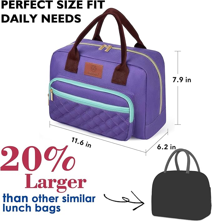 Lunch Bag Insulated Women Girls Teens Insulated Tote LunchBox for Adult Men Reusable Lunch Box with Front Pocket for Work, Picnic or Travel-18 Cans/14 Liters Purple