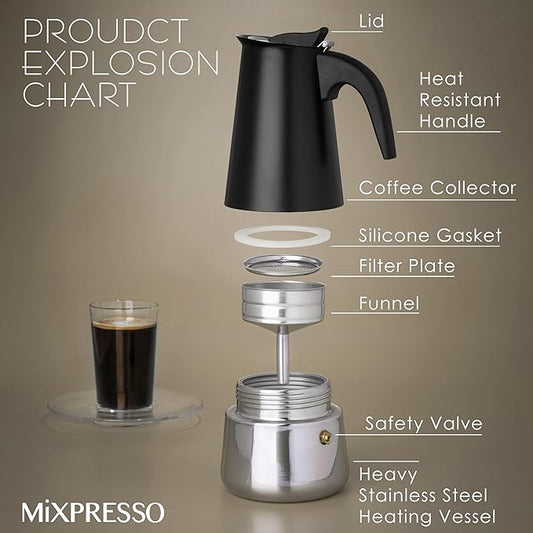Mixpresso 6 Cup Greca Stovetop Espresso Maker 10oz, Moka Pot with Coffee Percolator Design, Stainless Steel Stove Top Coffee Maker for Camping or Home, Italian Coffee Maker Stovetop, Black Coffee Pot