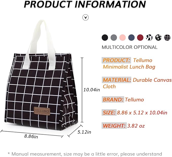 TELLUMO Lunch bag, Insulated Lunch Bag for Women Men Large Lunch Box Container Reusable Leakproof Tote for Office, Work, School, Beach or Travel (Black Grid)