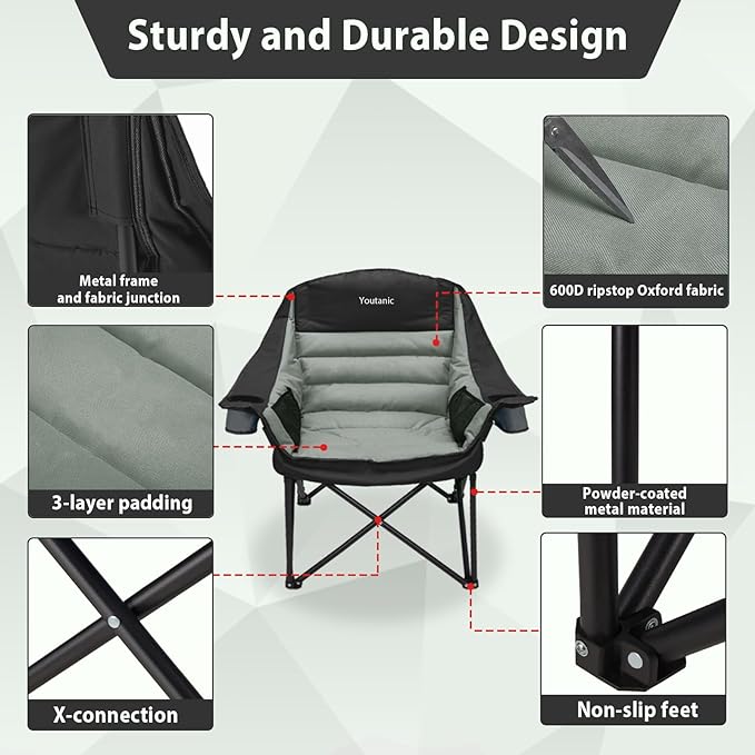 Oversized Camping Chair, Portable Folding Camping Chairs with Side Pocket, Cup Holder and Carry Bag, Heavy Duty Outdoor Camping Chairs for Adults, Fishing, Sports, Trip, up to 400lbs, Style 4
